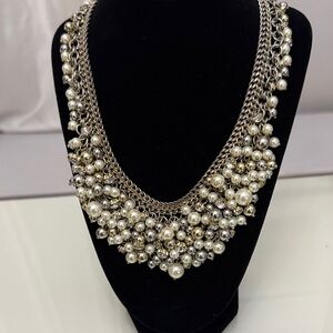 Layered Pearl Cluster Statement Necklace - Silver-Tone